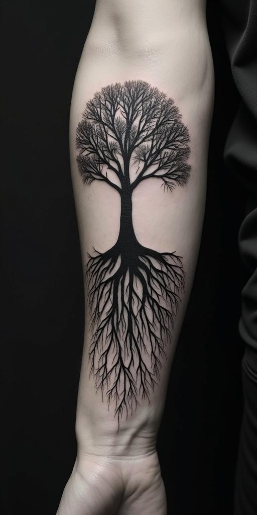 Tree of life with roots and branchesin portrait tattoo style, featuring a highly realistic and detailed depiction - Variation 3