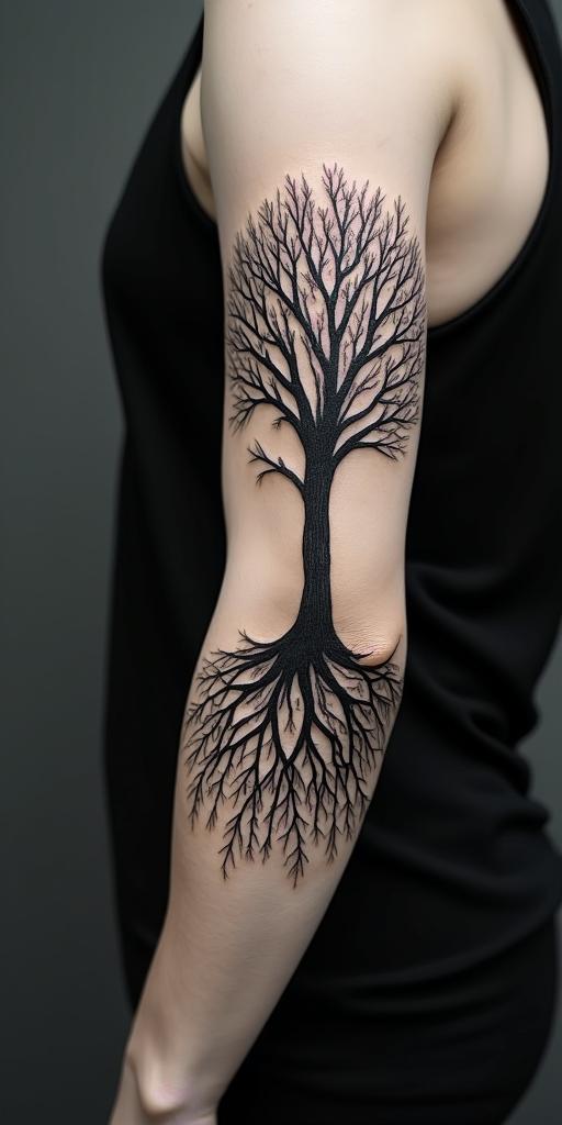 Tree of life with roots and branchesin portrait tattoo style, featuring a highly realistic and detailed depiction - Variation 4