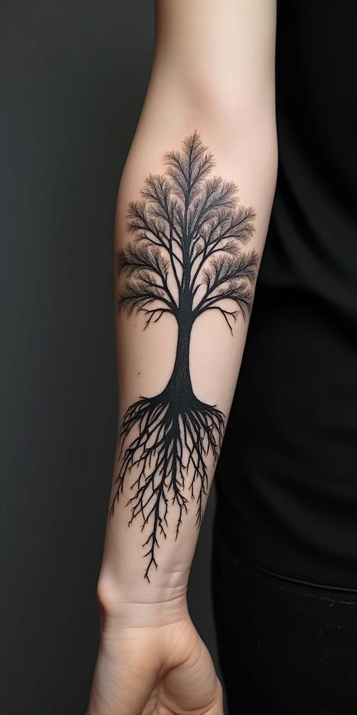 Tree of life with roots and branchesin portrait tattoo style, featuring a highly realistic and detailed depiction - Variation 2