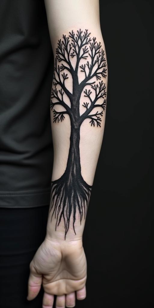 Tree of life with roots and branchesin portrait tattoo style, featuring a highly realistic and detailed depiction 