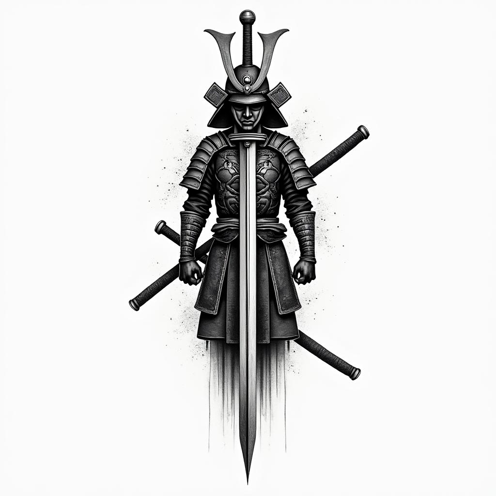 Samurai with a katanain spiritual symbols tattoo style, featuring an intricate design incorporating elements, Hamsa hand, third eye, minimalist composition