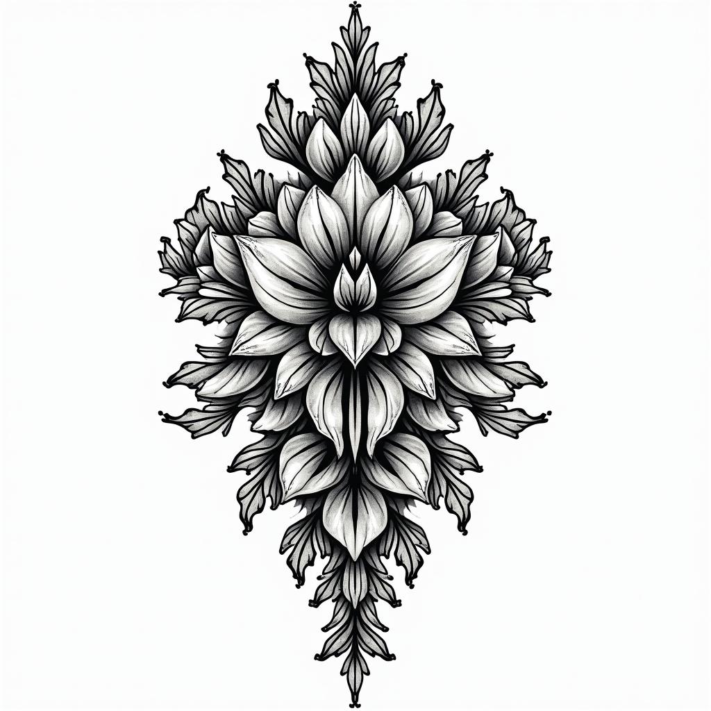 Daicy Britoin ornamental tattoo style, featuring intricate symmetrical patterns and floral designs, showcasing highly detailed line work and geometric shapes, creating a sense of elegance and balance
