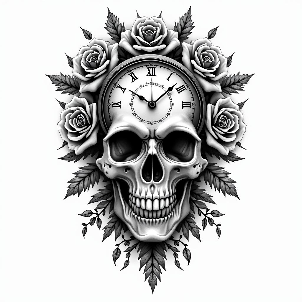 Skull with roses and clock elementstext-based tattoo, gothic font ultra-realistic, perfectly placed, high-quality font design, photo-realistic shading, 8k, high quality, finely detailed typography - Variation 6