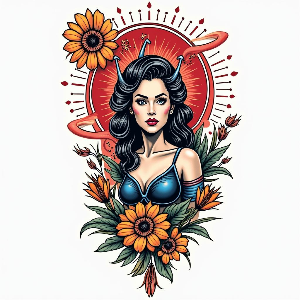 Salvador Eloy Sagittarius Mexicoin pop art style tattoo, featuring bold and vibrant colors, exaggerated outlines, iconic imagery, inspired by comic books and speech bubbles, comic book characters, retro pop culture - Variation 3