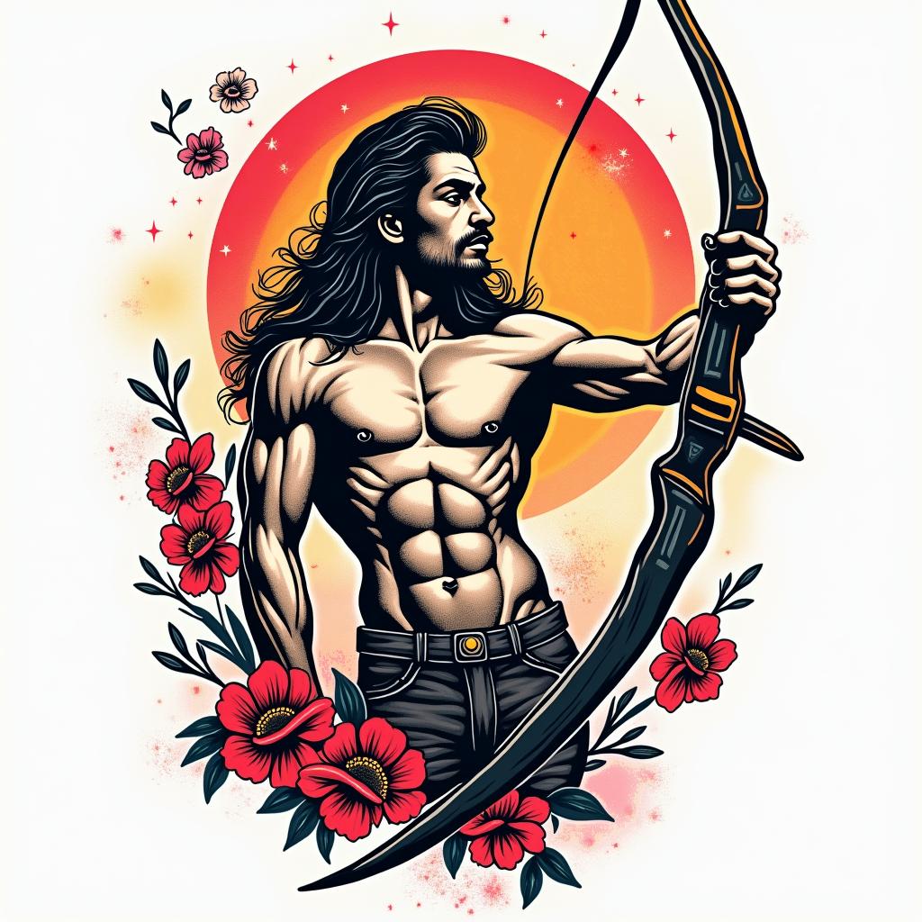 Salvador Eloy Sagittarius Mexicoin pop art style tattoo, featuring bold and vibrant colors, exaggerated outlines, iconic imagery, inspired by comic books and speech bubbles, comic book characters, retro pop culture - Variation 2