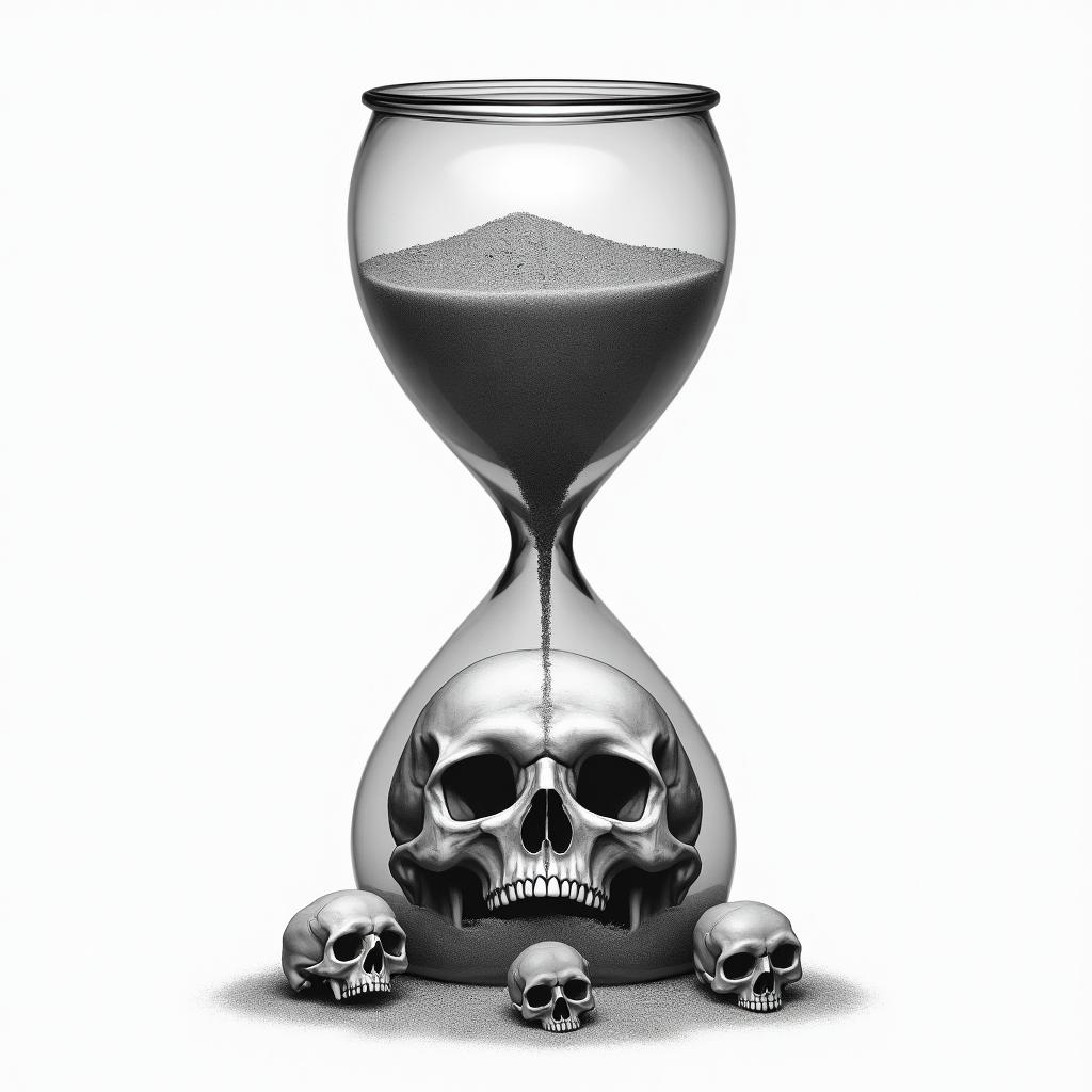Hourglass with sand and skullsin realism tattoo style, featuring a highly detailed, lifelike, capturing every detail, photorealistic, ultra realistic, intricate shading, smooth and sharp, - Variation 3