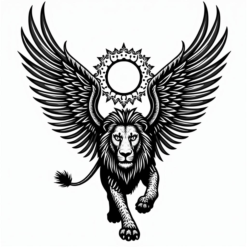 Angel wings on a lion protecting his lion pride riding into the sun setin tribal tattoo style, featuring bold and black geometric shapes, curved lines, intertwine and flow seamlessly, creating a powerful and symbolic design, polynesian and maori styles - Variation 4