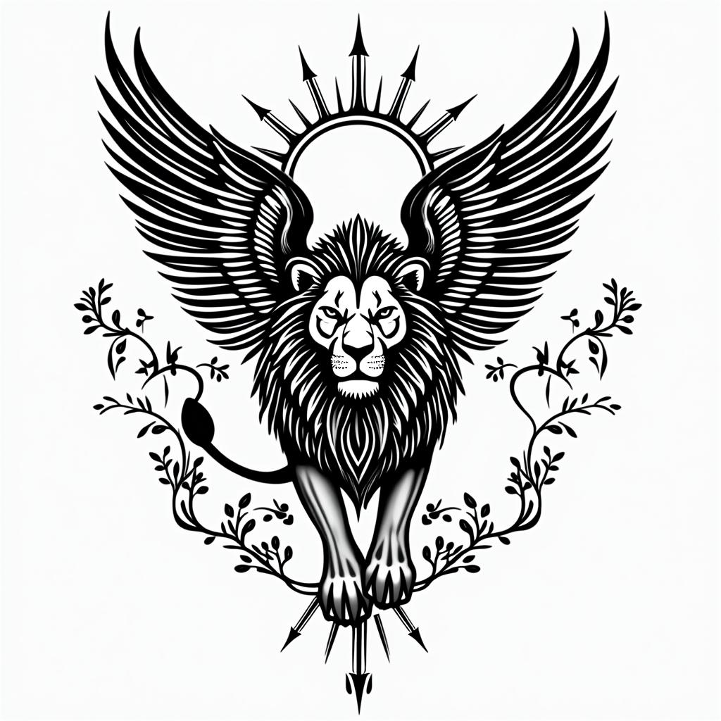 Angel wings on a lion protecting his lion pride riding into the sun setin tribal tattoo style, featuring bold and black geometric shapes, curved lines, intertwine and flow seamlessly, creating a powerful and symbolic design, polynesian and maori styles - Variation 3