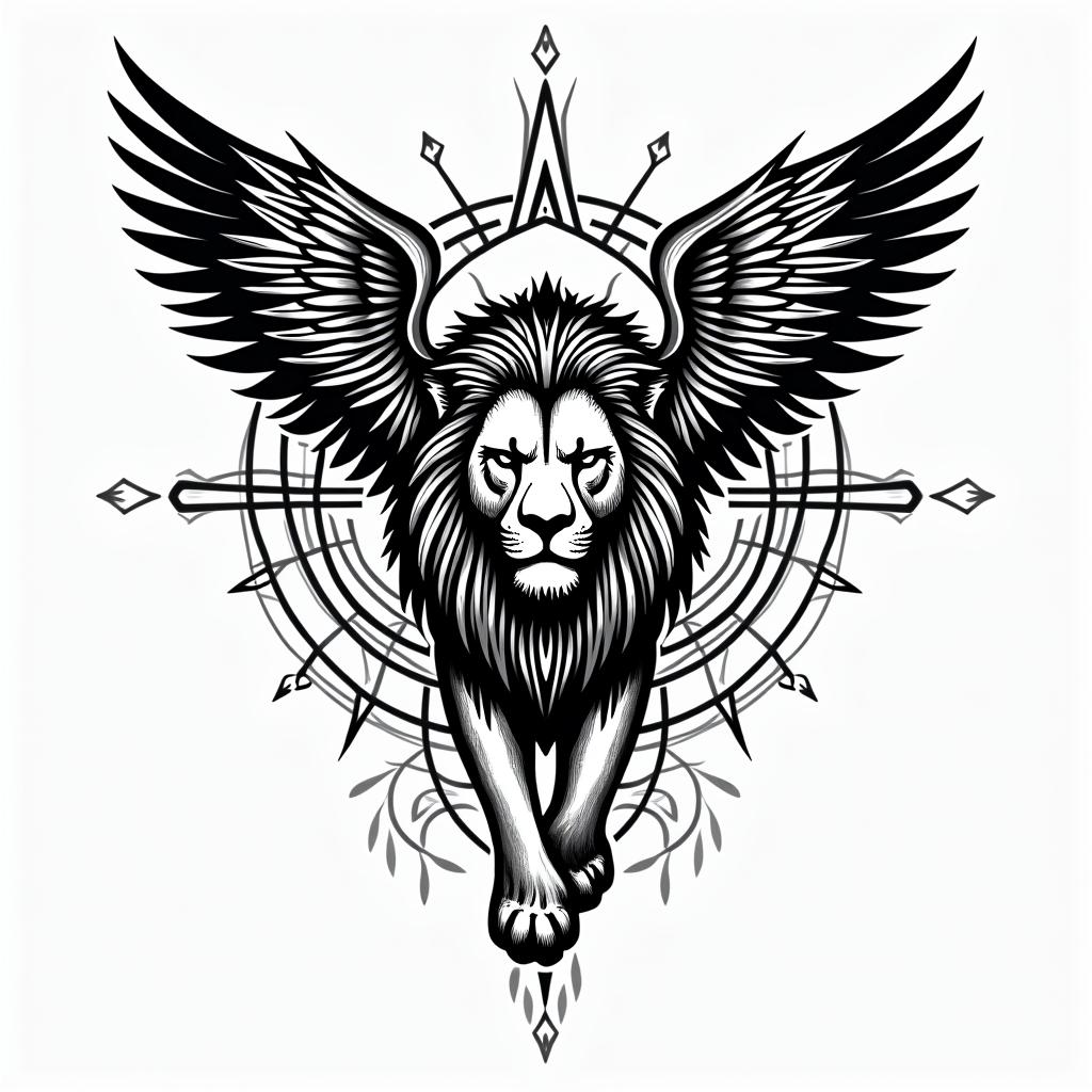 Angel wings on a lion protecting his lion pride riding into the sun setin tribal tattoo style, featuring bold and black geometric shapes, curved lines, intertwine and flow seamlessly, creating a powerful and symbolic design, polynesian and maori styles - Variation 1