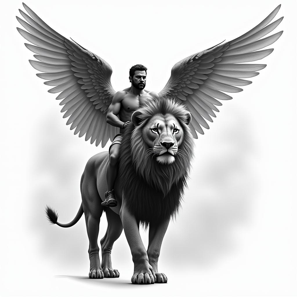 Angel wings on a lion protecting his lion pride riding into the sun setin realism tattoo style, featuring a highly detailed, lifelike, capturing every detail, photorealistic, ultra realistic, intricate shading, smooth and sharp,  