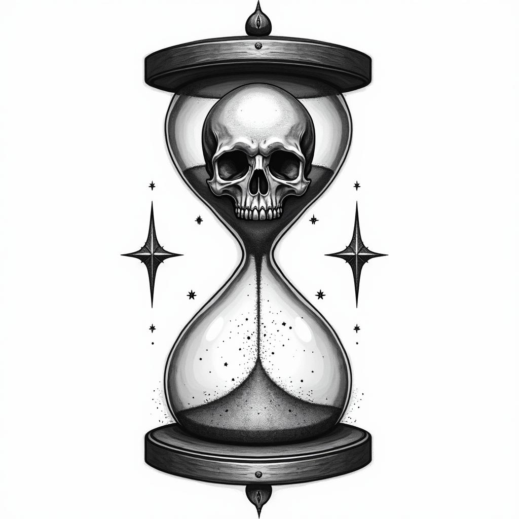 Hourglass with sand and skullin prophecy tattoo style, featuring mystical symbols, celestial imagery like stars, moons, suns, geometric patterns, foretelling elements, an eye of wisdom - Variation 2