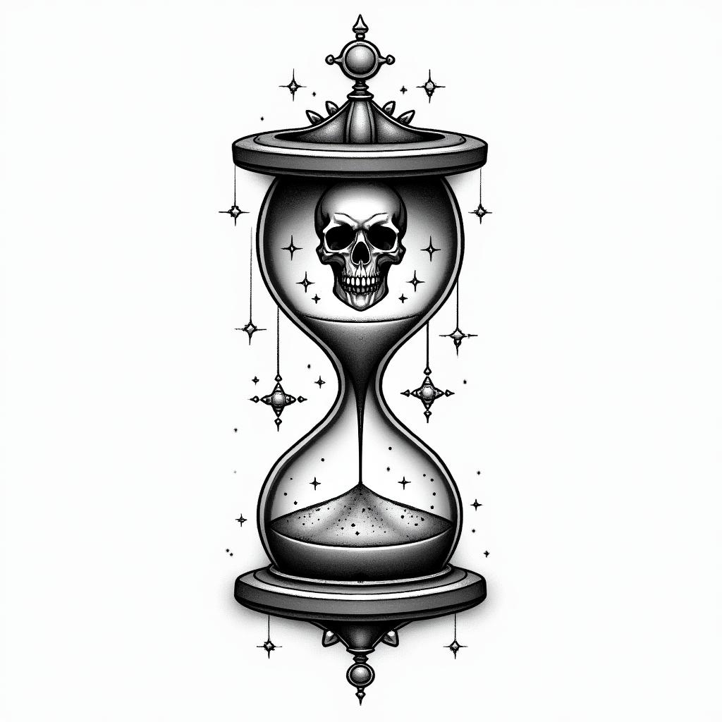 Hourglass with sand and skullin prophecy tattoo style, featuring mystical symbols, celestial imagery like stars, moons, suns, geometric patterns, foretelling elements, an eye of wisdom - Variation 4
