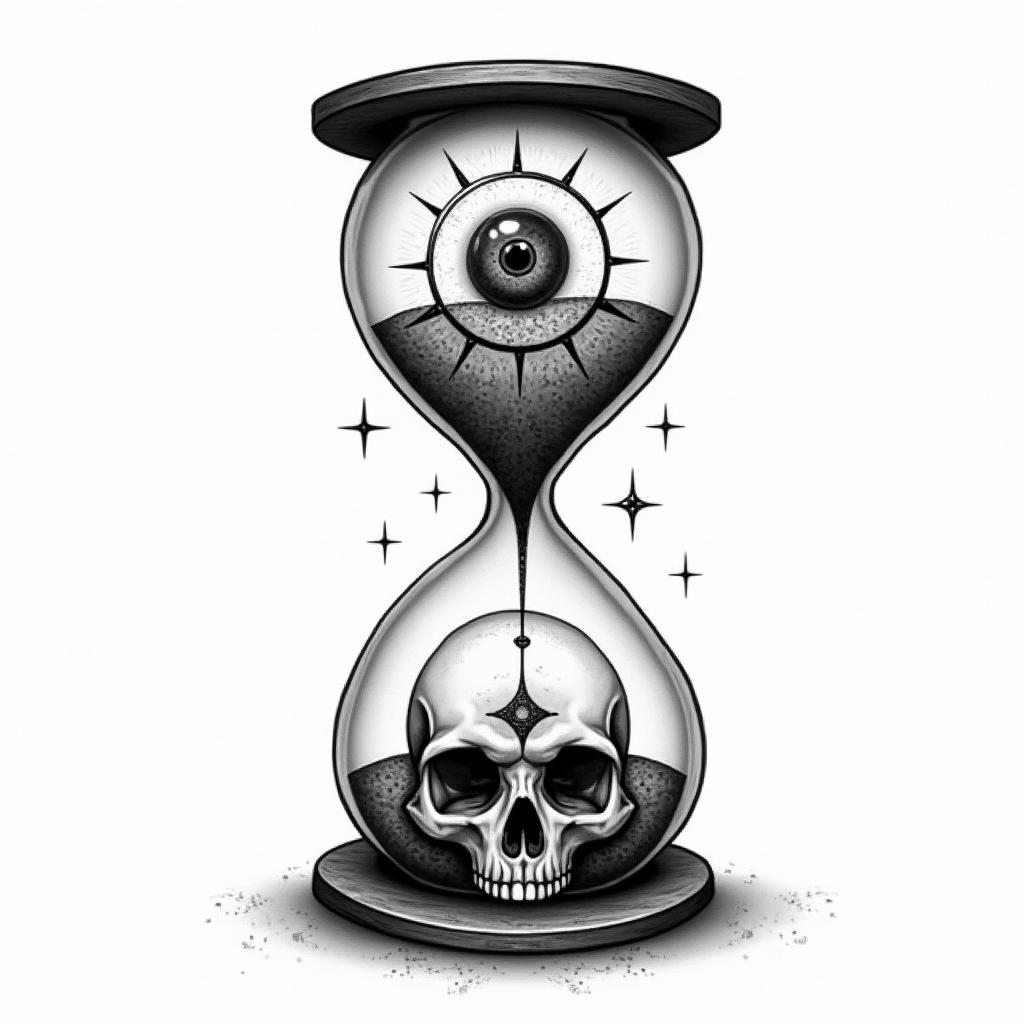 Hourglass with sand and skullin prophecy tattoo style, featuring mystical symbols, celestial imagery like stars, moons, suns, geometric patterns, foretelling elements, an eye of wisdom