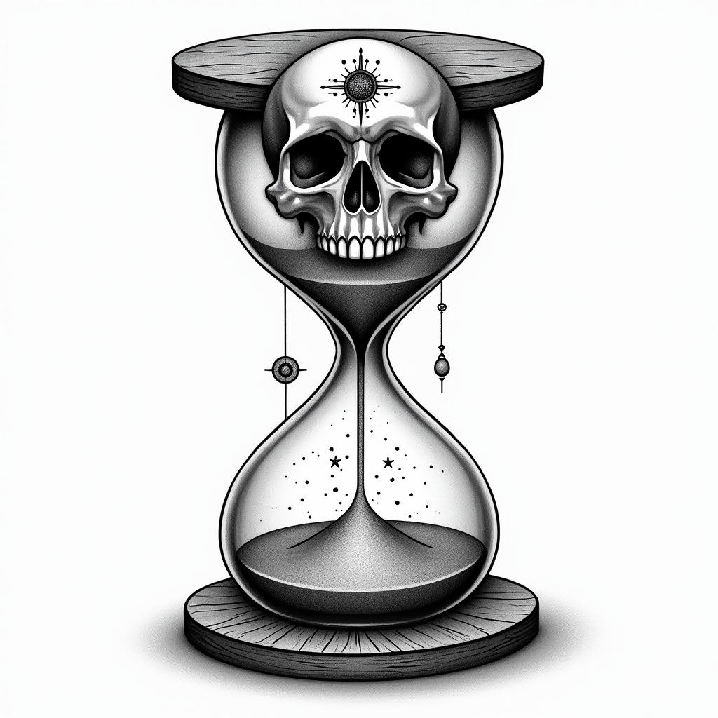 Hourglass with sand and skullin prophecy tattoo style, featuring mystical symbols, celestial imagery like stars, moons, suns, geometric patterns, foretelling elements, an eye of wisdom - Variation 3