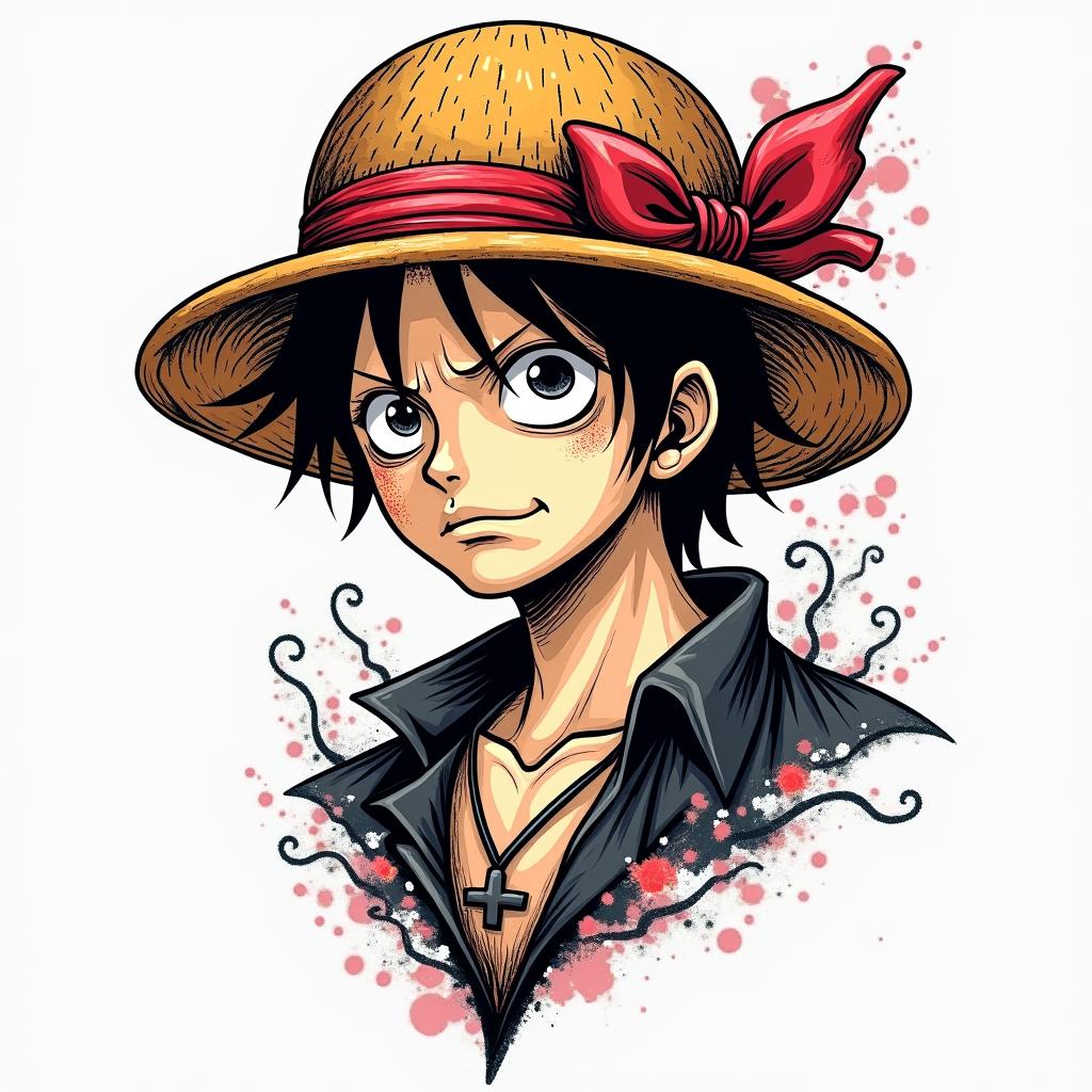 One Piece epicin pop art style tattoo, featuring bold and vibrant colors, exaggerated outlines, iconic imagery, inspired by comic books and speech bubbles, comic book characters, retro pop culture - Variation 2
