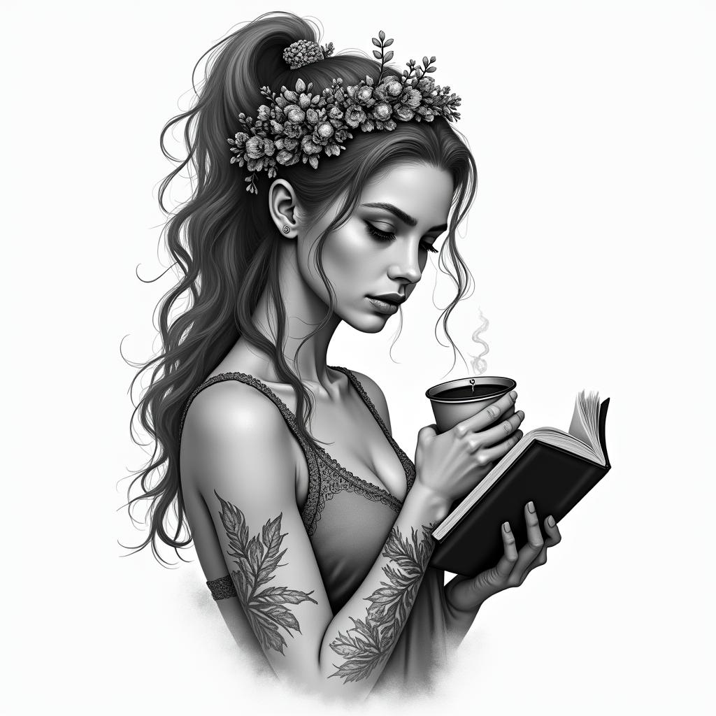 Woman, coffee, books, Sagittariusin portrait tattoo style, featuring a highly realistic and detailed depiction  - Variation 2