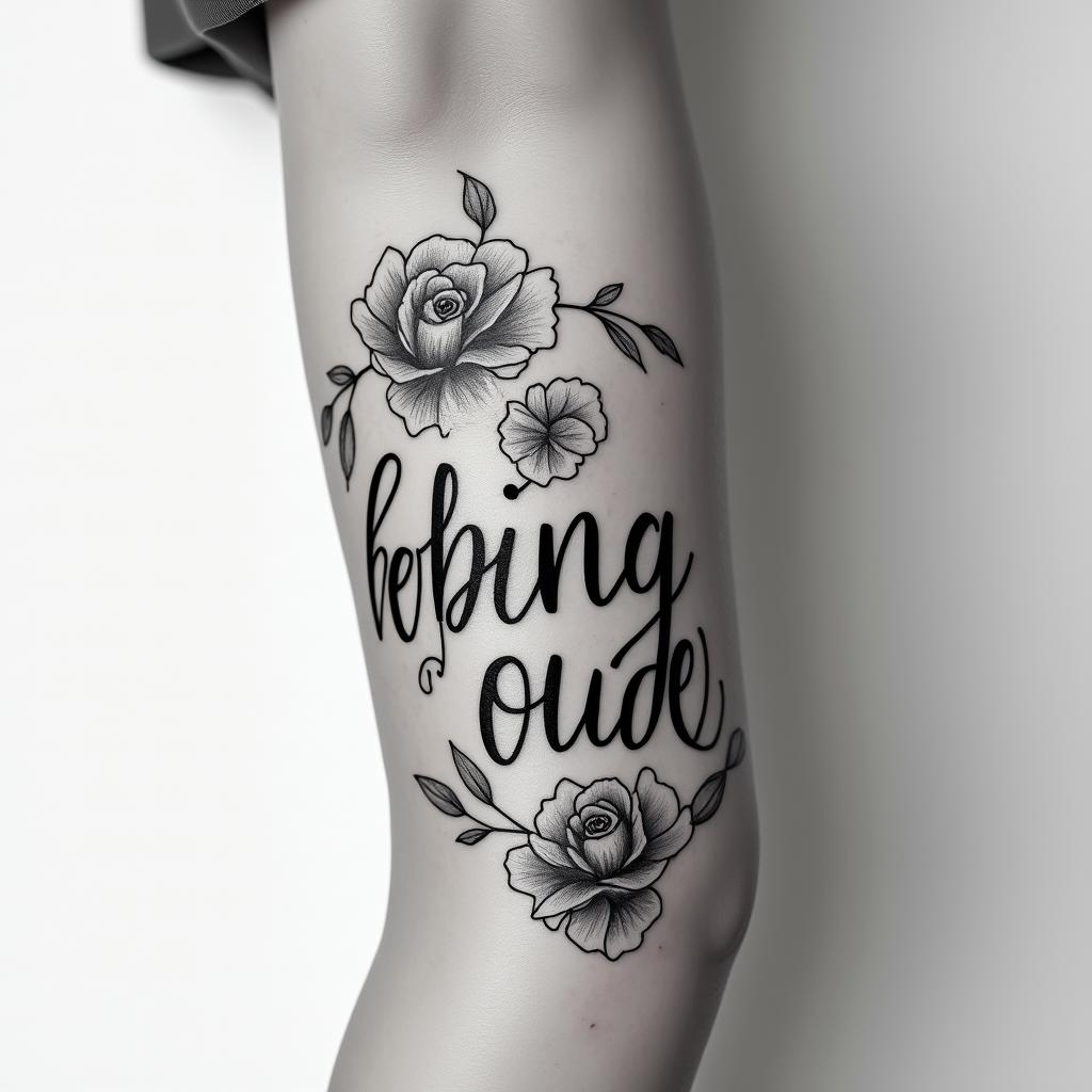 🩷❤️ Robert❤️❤️in elegant cursive calligraphy style 2d tattoo, decorate with roses, featuring a smooth and flowing handwritten script with slightly thickened strokes for a luxurious and bold appearance,  heart symbol between names,  sleek and glossy black text with shadowing, minimalist matte white background, clean and sharp edges, illuminated with soft lighting, romantic, 8k, high-quality textures with refined typography - Variation 4