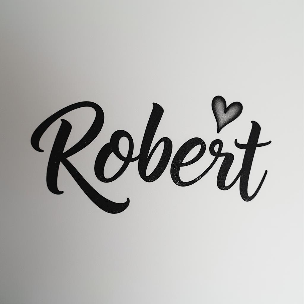 🩷❤️ Robert❤️❤️in elegant cursive calligraphy style 2d tattoo, decorate with roses, featuring a smooth and flowing handwritten script with slightly thickened strokes for a luxurious and bold appearance,  heart symbol between names,  sleek and glossy black text with shadowing, minimalist matte white background, clean and sharp edges, illuminated with soft lighting, romantic, 8k, high-quality textures with refined typography