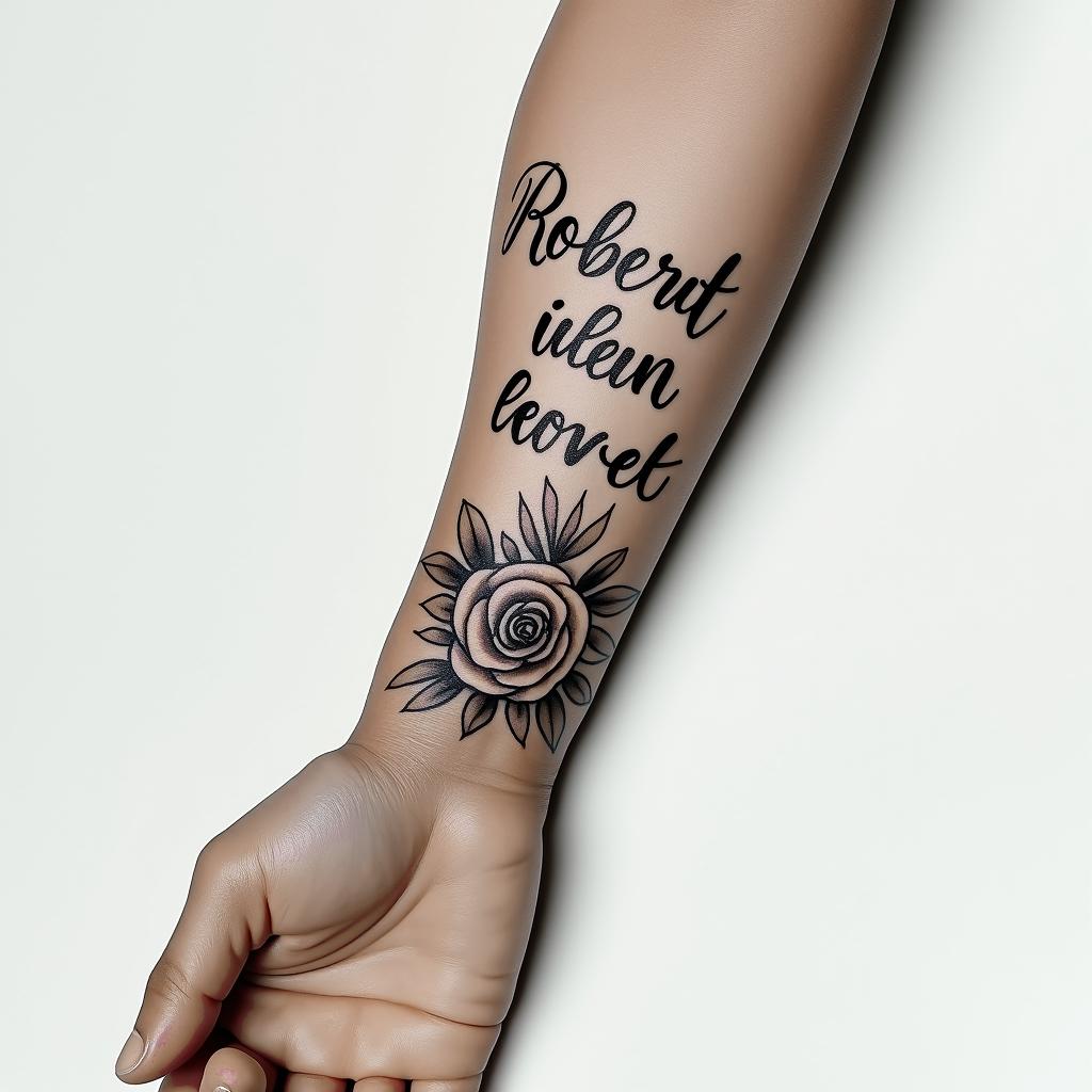 🩷❤️ Robert❤️❤️in elegant cursive calligraphy style 2d tattoo, decorate with roses, featuring a smooth and flowing handwritten script with slightly thickened strokes for a luxurious and bold appearance,  heart symbol between names,  sleek and glossy black text with shadowing, minimalist matte white background, clean and sharp edges, illuminated with soft lighting, romantic, 8k, high-quality textures with refined typography - Variation 3