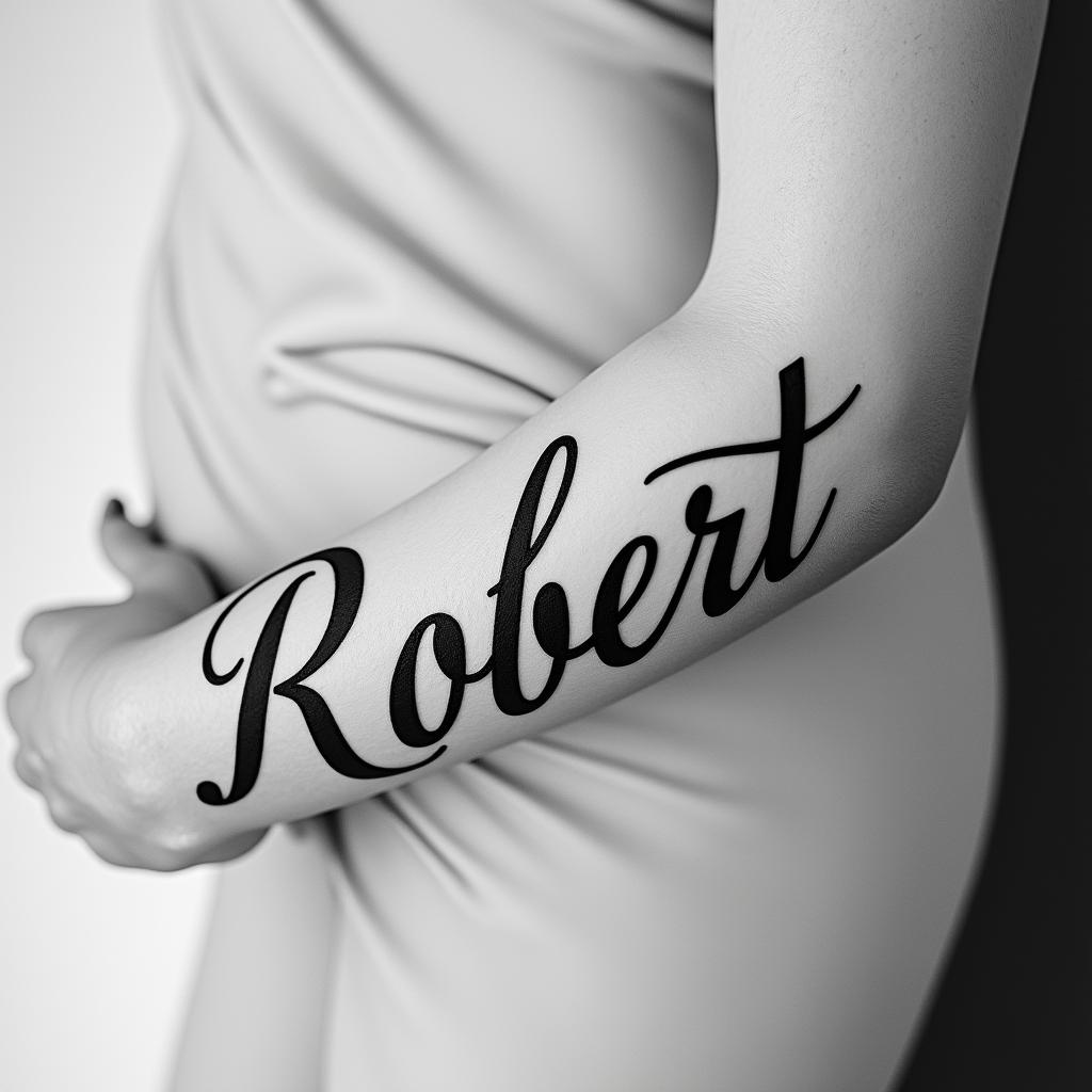 🩷❤️ Robert❤️❤️in elegant cursive calligraphy style 2d tattoo, decorate with roses, featuring a smooth and flowing handwritten script with slightly thickened strokes for a luxurious and bold appearance,  heart symbol between names,  sleek and glossy black text with shadowing, minimalist matte white background, clean and sharp edges, illuminated with soft lighting, romantic, 8k, high-quality textures with refined typography - Variation 2