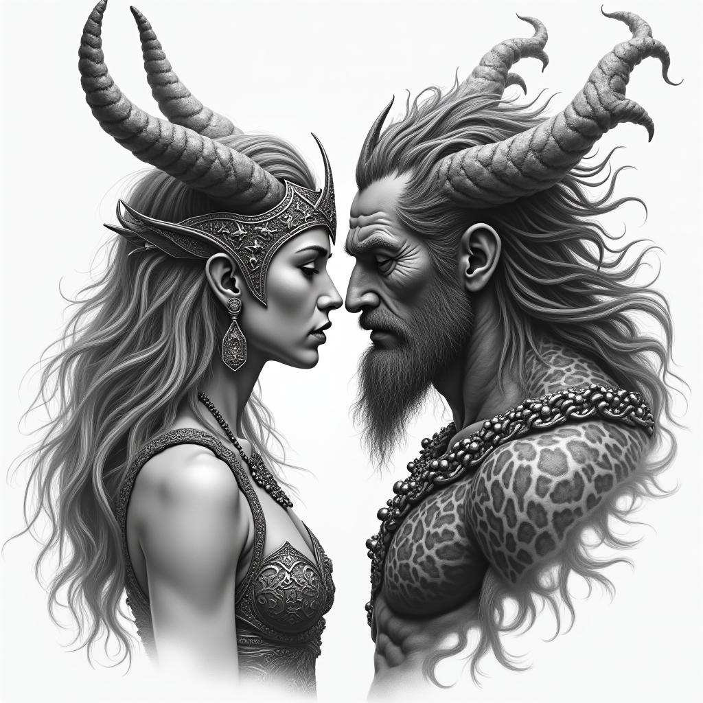 Norse Goddess Hel facing off The God Posidonin realism tattoo style, featuring a highly detailed, lifelike, capturing every detail, photorealistic, ultra realistic, intricate shading, smooth and sharp, - Variation 4