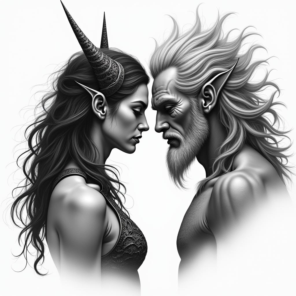 Norse Goddess Hel facing off The God Posidonin realism tattoo style, featuring a highly detailed, lifelike, capturing every detail, photorealistic, ultra realistic, intricate shading, smooth and sharp, - Variation 2