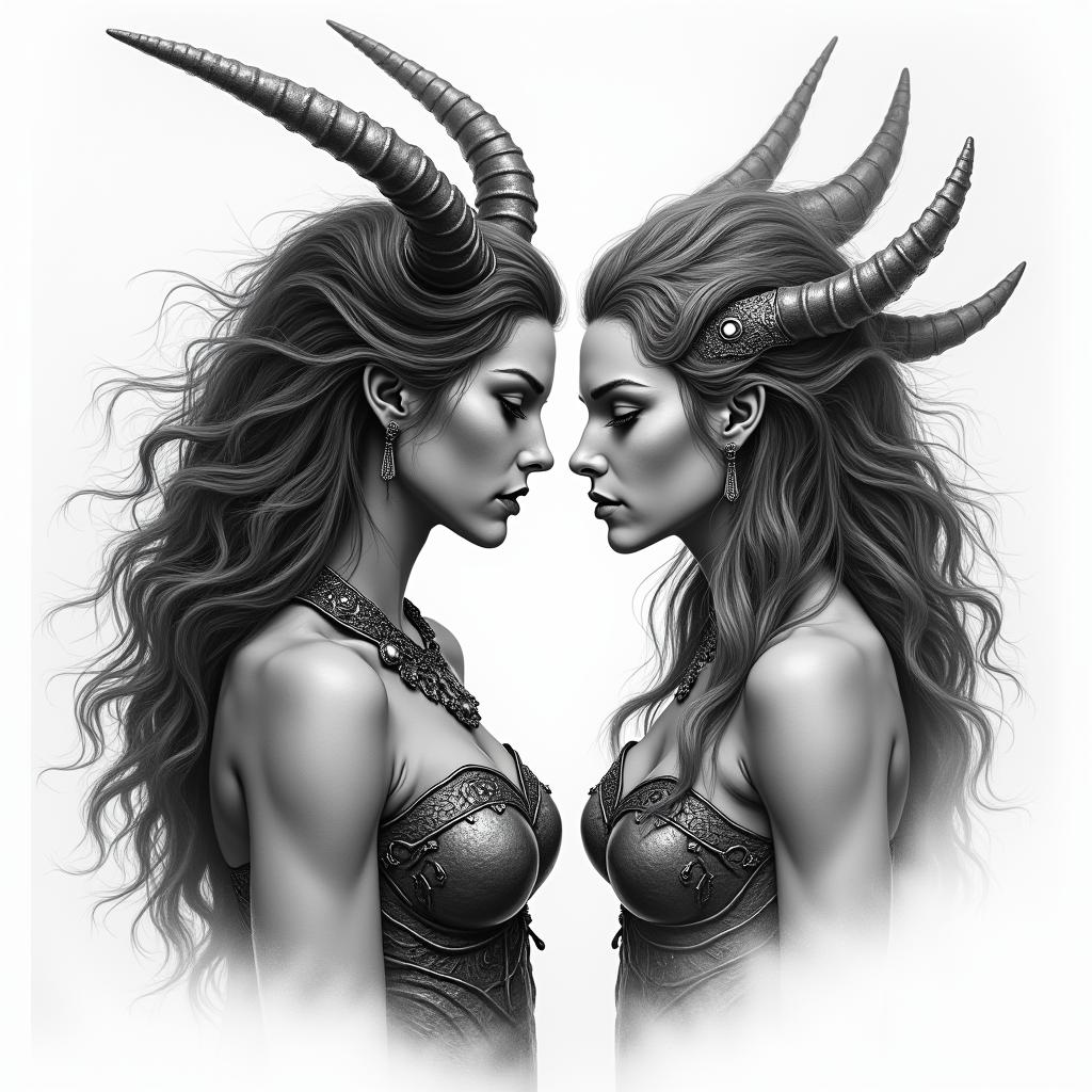 Norse Goddess Hel facing off The God Posidonin realism tattoo style, featuring a highly detailed, lifelike, capturing every detail, photorealistic, ultra realistic, intricate shading, smooth and sharp, - Variation 3