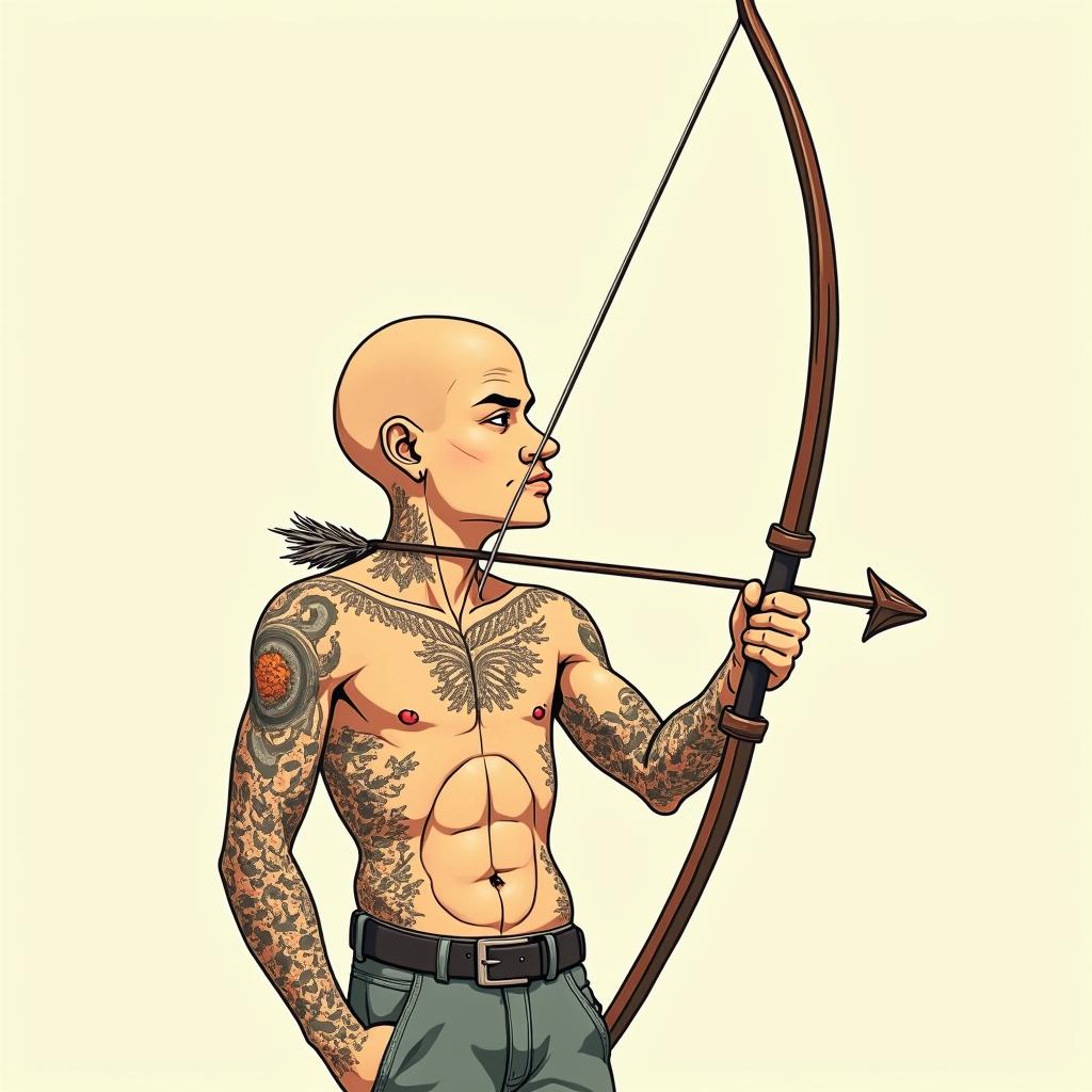 Eloy Sagittarius MexicoGhibli, Studio Ghibli aesthetic, hand-drawn anime style, retro nostalgic atmosphere, retro soft pastel color palette with earthy tones, retro Japanese cinematic shot, yellow tint effect, bald character, smooth surface, anime shadow 90's anime style - Variation 5