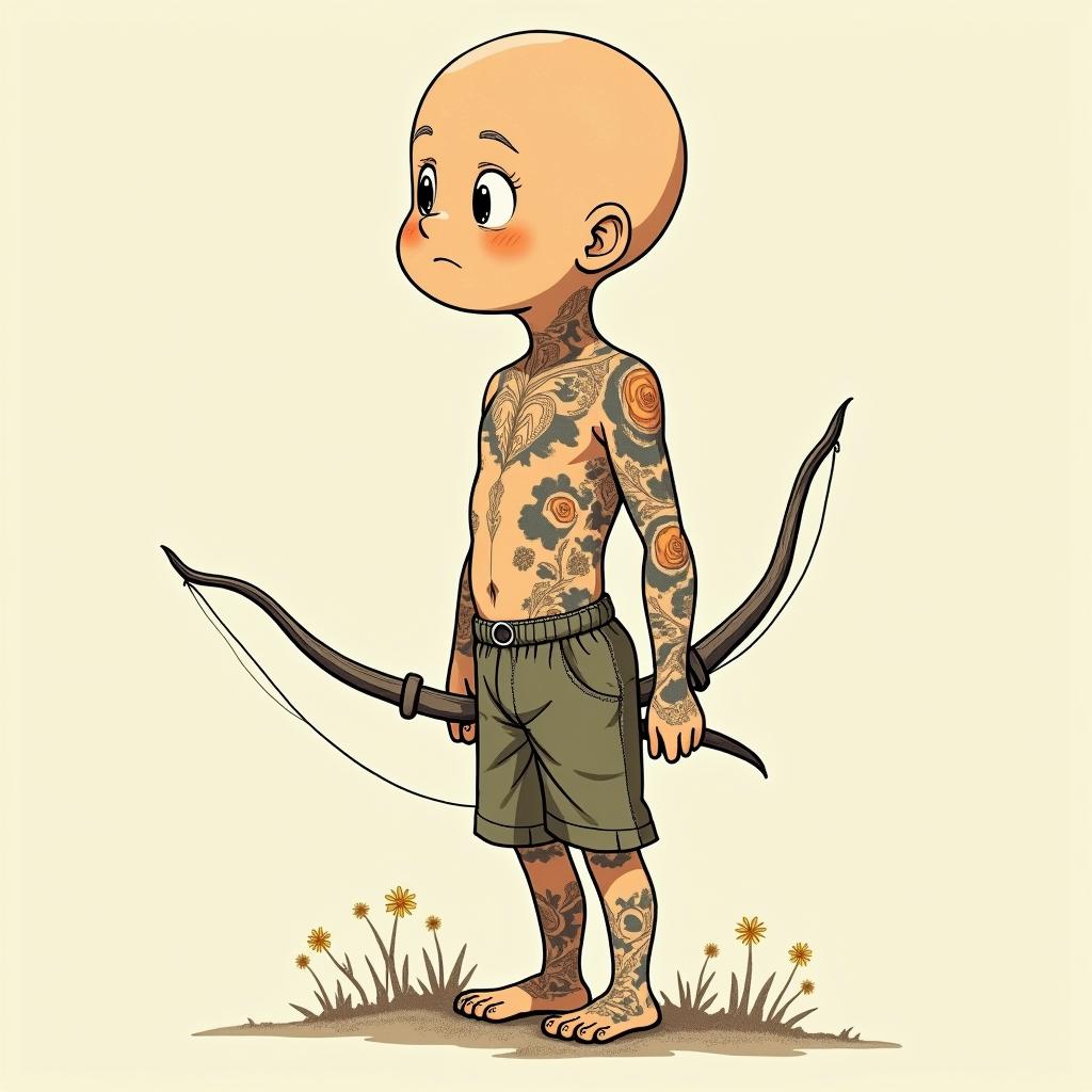 Eloy Sagittarius MexicoGhibli, Studio Ghibli aesthetic, hand-drawn anime style, retro nostalgic atmosphere, retro soft pastel color palette with earthy tones, retro Japanese cinematic shot, yellow tint effect, bald character, smooth surface, anime shadow 90's anime style