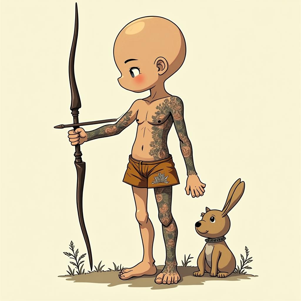 Eloy Sagittarius MexicoGhibli, Studio Ghibli aesthetic, hand-drawn anime style, retro nostalgic atmosphere, retro soft pastel color palette with earthy tones, retro Japanese cinematic shot, yellow tint effect, bald character, smooth surface, anime shadow 90's anime style - Variation 3
