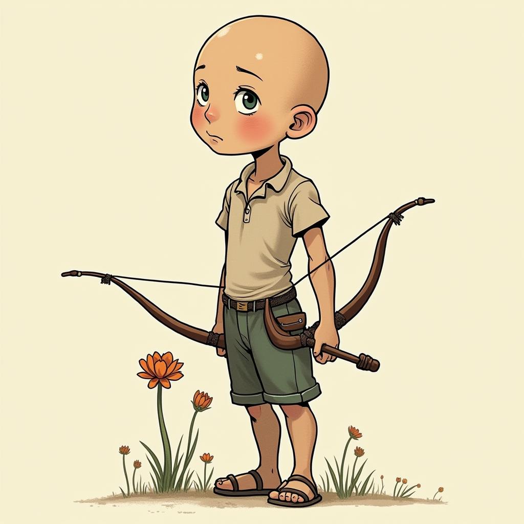 Eloy Sagittarius MexicoGhibli, Studio Ghibli aesthetic, hand-drawn anime style, retro nostalgic atmosphere, retro soft pastel color palette with earthy tones, retro Japanese cinematic shot, yellow tint effect, bald character, smooth surface, anime shadow 90's anime style - Variation 8