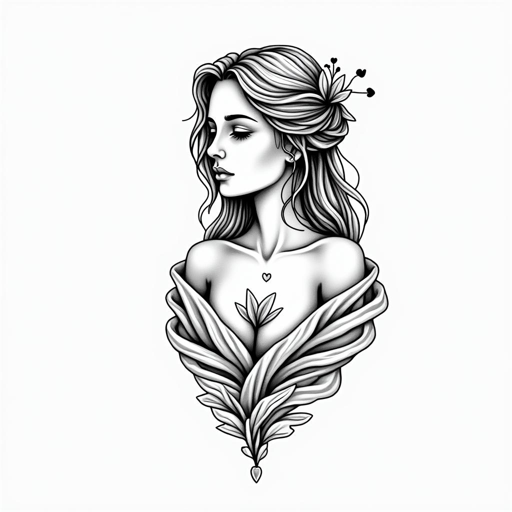 I'm a virgo, quiet and decent, wanted to show her likes and desires to everyone but, too shy to do that.in Modest style tattoo, featuring soft, delicate line work with simple and meaningful symbols, gentle waves, a heart, evoking a sense of serenity and grace, - Variation 4