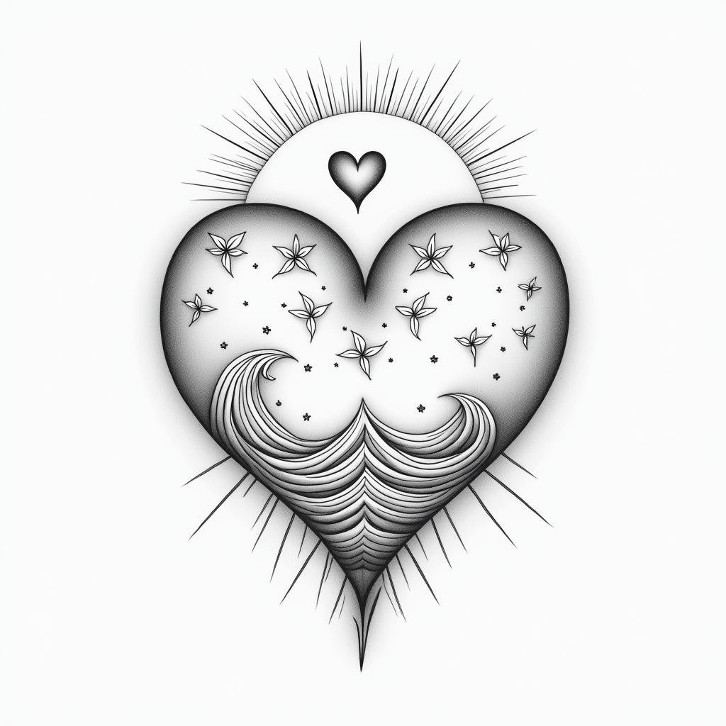 I'm a virgo, quiet and decent, wanted to show her likes and desires to everyone but, too shy to do that.in Modest style tattoo, featuring soft, delicate line work with simple and meaningful symbols, gentle waves, a heart, evoking a sense of serenity and grace, - Variation 2