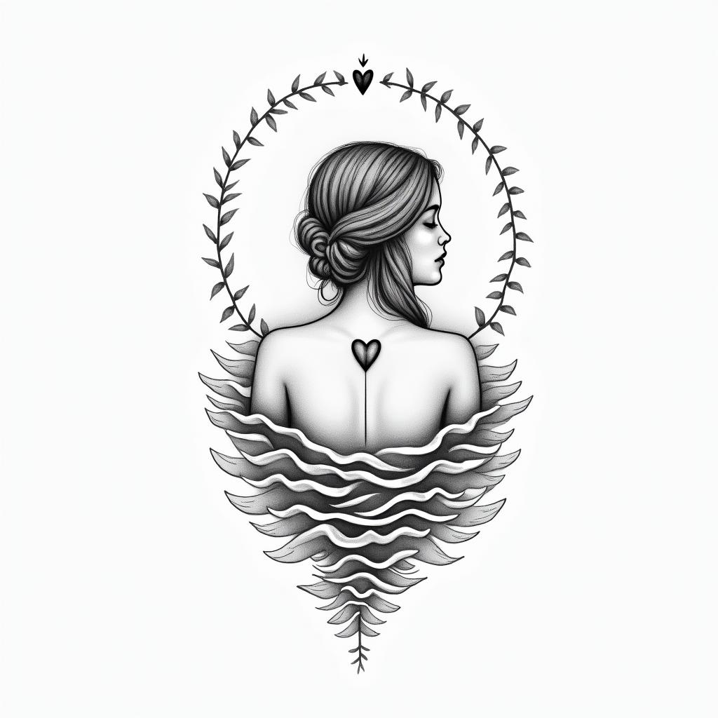 I'm a virgo, quiet and decent, wanted to show her likes and desires to everyone but, too shy to do that.in Modest style tattoo, featuring soft, delicate line work with simple and meaningful symbols, gentle waves, a heart, evoking a sense of serenity and grace,