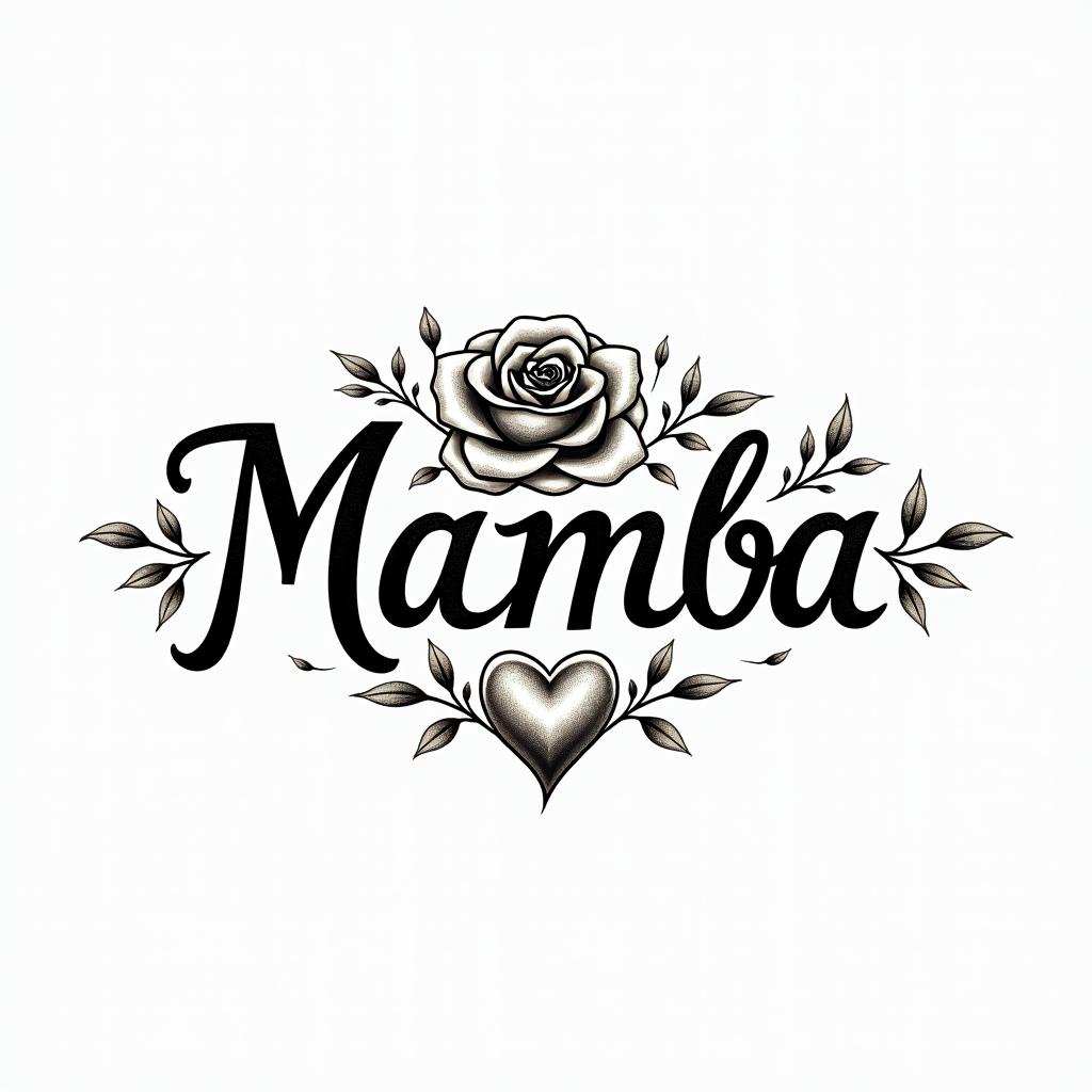 Mamba Mentalityin elegant cursive calligraphy style 2d tattoo, decorate with roses, featuring a smooth and flowing handwritten script with slightly thickened strokes for a luxurious and bold appearance,  heart symbol between names,  sleek and glossy black text with shadowing, minimalist matte white background, clean and sharp edges, illuminated with soft lighting, romantic, 8k, high-quality textures with refined typography - Variation 2