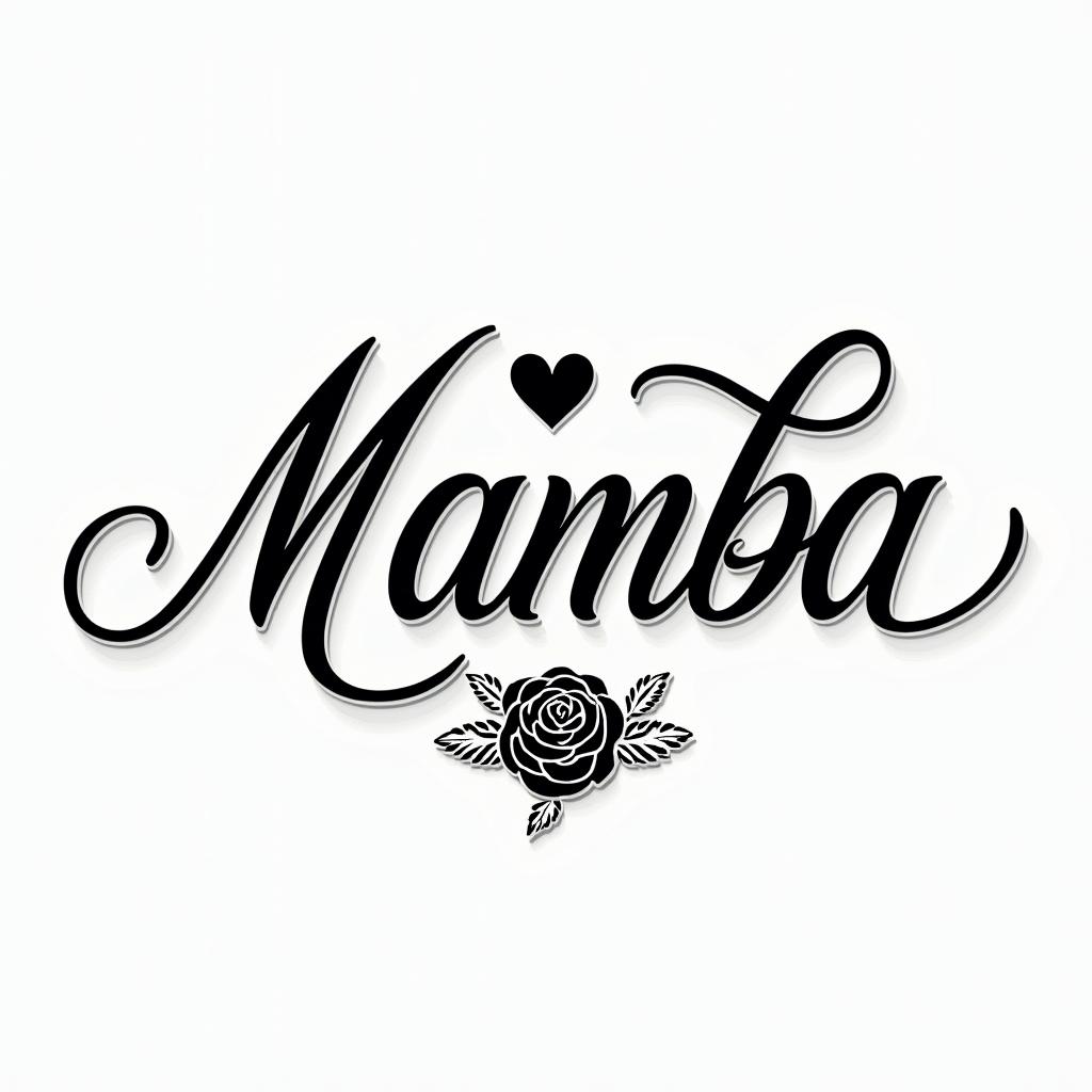 Mamba Mentalityin elegant cursive calligraphy style 2d tattoo, decorate with roses, featuring a smooth and flowing handwritten script with slightly thickened strokes for a luxurious and bold appearance, heart symbol between names, sleek and glossy black text with shadowing, minimalist matte white background, clean and sharp edges, illuminated with soft lighting, romantic, 8k, high-quality textures with refined typography