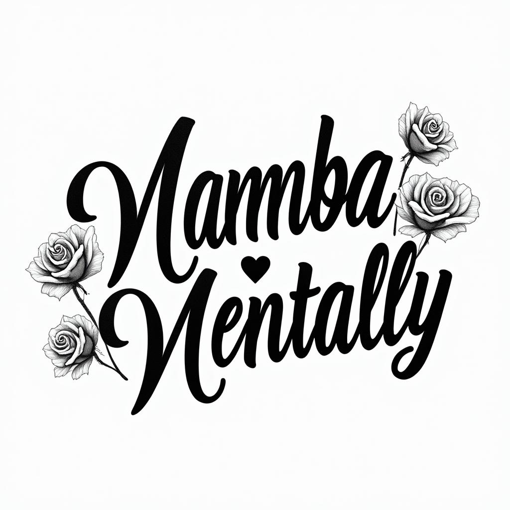 Mamba Mentalityin elegant cursive calligraphy style 2d tattoo, decorate with roses, featuring a smooth and flowing handwritten script with slightly thickened strokes for a luxurious and bold appearance,  heart symbol between names,  sleek and glossy black text with shadowing, minimalist matte white background, clean and sharp edges, illuminated with soft lighting, romantic, 8k, high-quality textures with refined typography - Variation 3