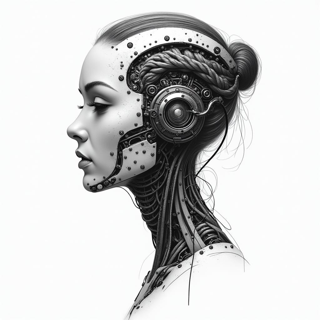 I'm a virgo, quiet and decent, wanted to show her likes and desires to everyone but, too shy to do that.tattoo in biomechanic style, the tattoo covered by robotic elements of futuristic cyberpunk design, robotic features detail, showcasing intricate mechanical components - Variation 2