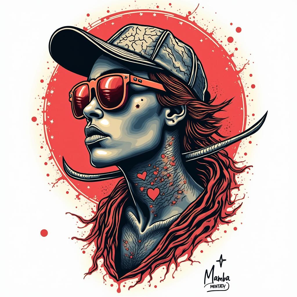 Mamba Mentalityin pop art style tattoo, featuring bold and vibrant colors, exaggerated outlines, iconic imagery, inspired by comic books and speech bubbles, comic book characters, retro pop culture - Variation 3
