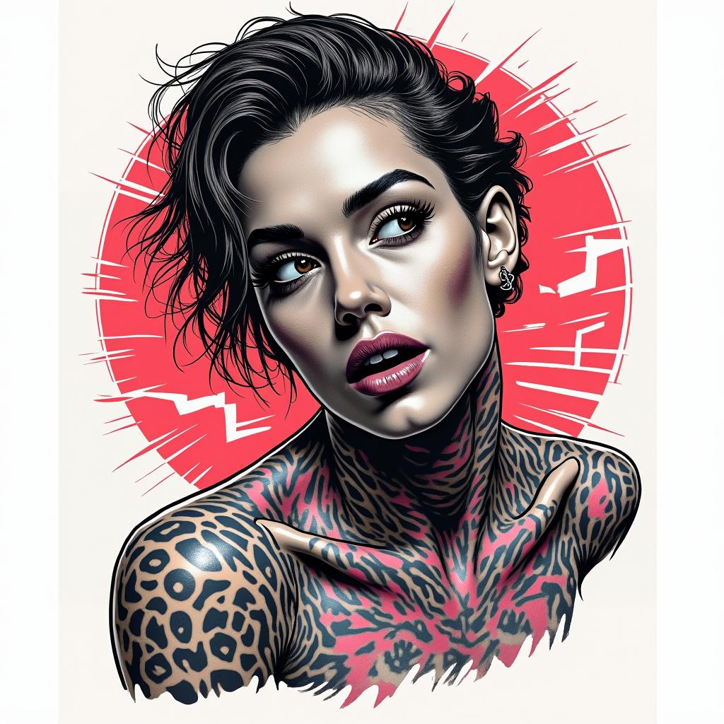 Mamba Mentalityin pop art style tattoo, featuring bold and vibrant colors, exaggerated outlines, iconic imagery, inspired by comic books and speech bubbles, comic book characters, retro pop culture - Variation 4