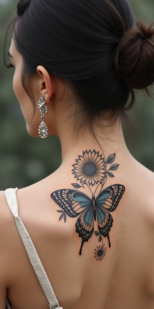 Butterfly sunflower and wildflowersin bohemian style tattoo, 8k - Variation 2