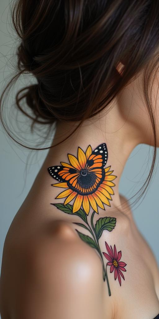 Butterfly sunflower and wildflowersin bohemian style tattoo, 8k