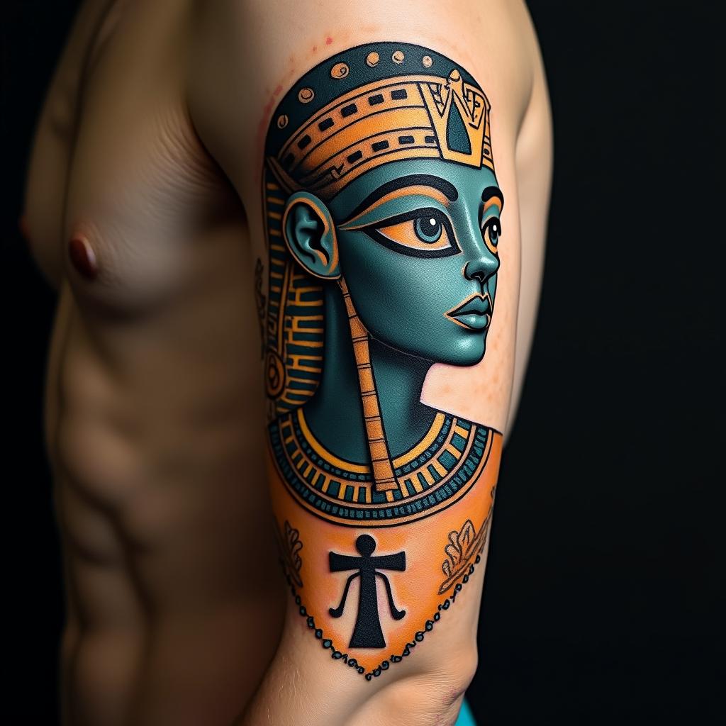 Ancient alienin egyptian style tattoo, bold elements of ancient egyptian culture including a portrait of an Egyptian pharaoh with detailed facial features, in hieroglyphs and symbolic imagery, eye of horus, ankh symbol, scarab beetle - Variation 2