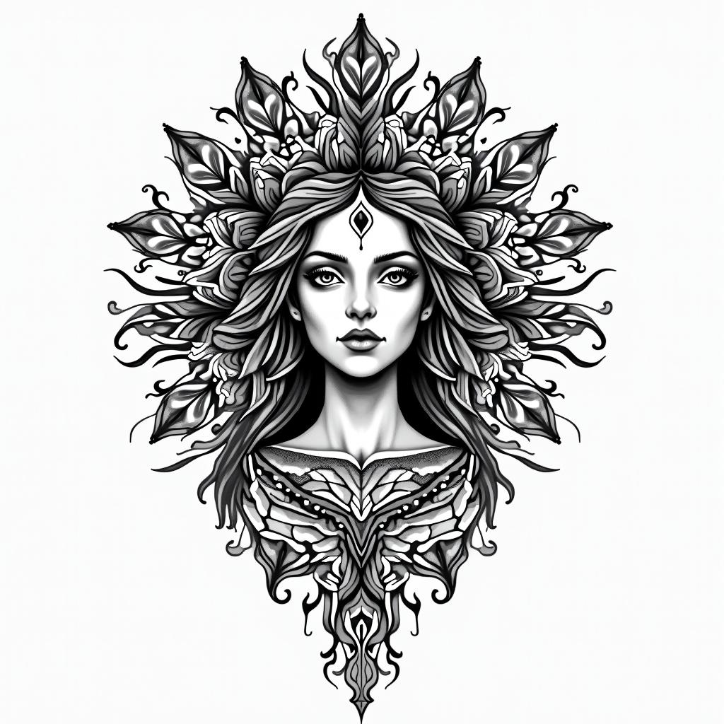 I'm a virgo, quiet and decent, wanted to show her likes and desires to everyone but, too shy to do that.in dotwork style tattoo, complex mandala patterns, interlocking geometric shapes with sharp symmetry, clean lines, sharp angles - Variation 3