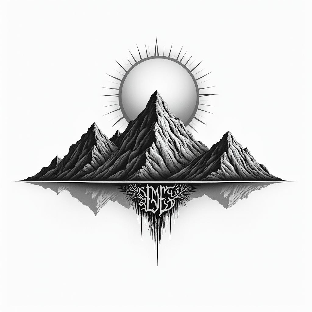 Mountain range with a rising suntext-based tattoo, gothic font ultra-realistic, perfectly placed, high-quality font design, photo-realistic shading, 8k, high quality, finely detailed typography