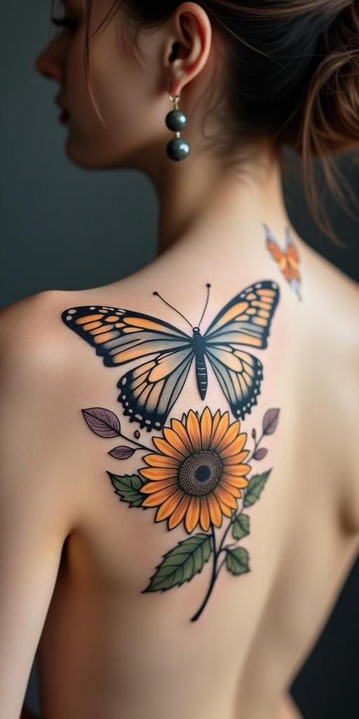Butterfly sunflower and wildflowersin Modest style tattoo, featuring soft, delicate line work with simple and meaningful symbols, gentle waves, a heart, evoking a sense of serenity and grace, - Variation 2