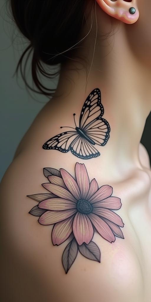 Butterfly sunflower and wildflowersin Modest style tattoo, featuring soft, delicate line work with simple and meaningful symbols, gentle waves, a heart, evoking a sense of serenity and grace,
