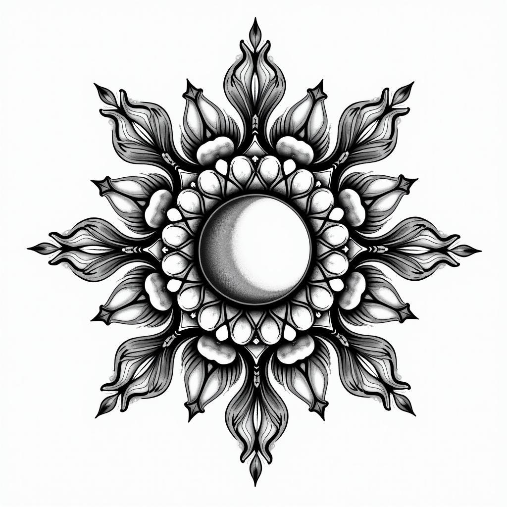 Sun and moon mandala inspired friend tatto, no face on the sun and moon.in ornamental tattoo style, featuring intricate symmetrical patterns and floral designs, showcasing highly detailed line work and geometric shapes, creating a sense of elegance and balance - Variation 4