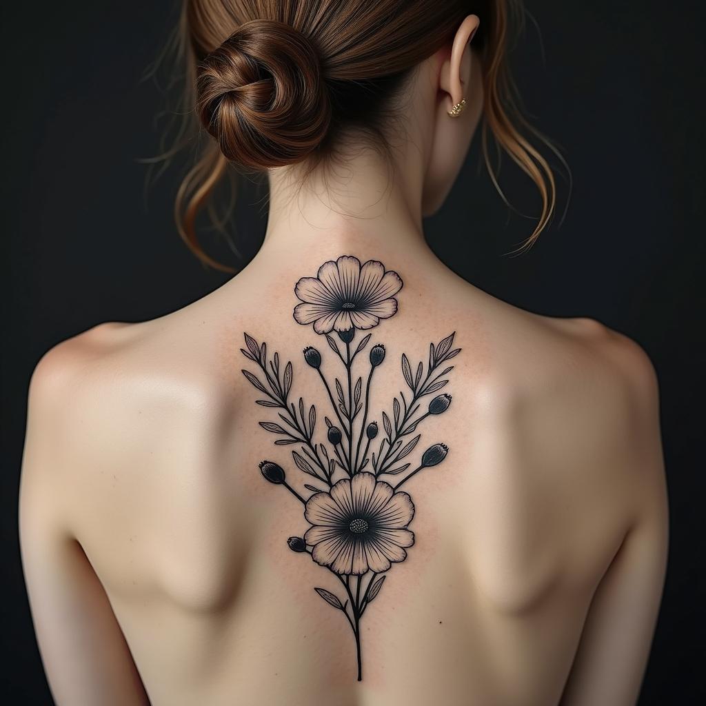 Moon wildflowersin authentic tattoo style, incorporating traditional modifications, bold black outlines, solid color fills, featuring classic authentic elements