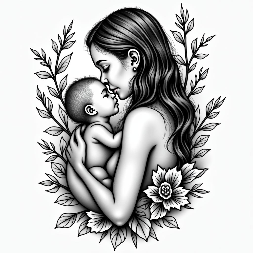 Motherhoodin authentic tattoo style, incorporating traditional modifications, bold black outlines, solid color fills, featuring classic authentic elements